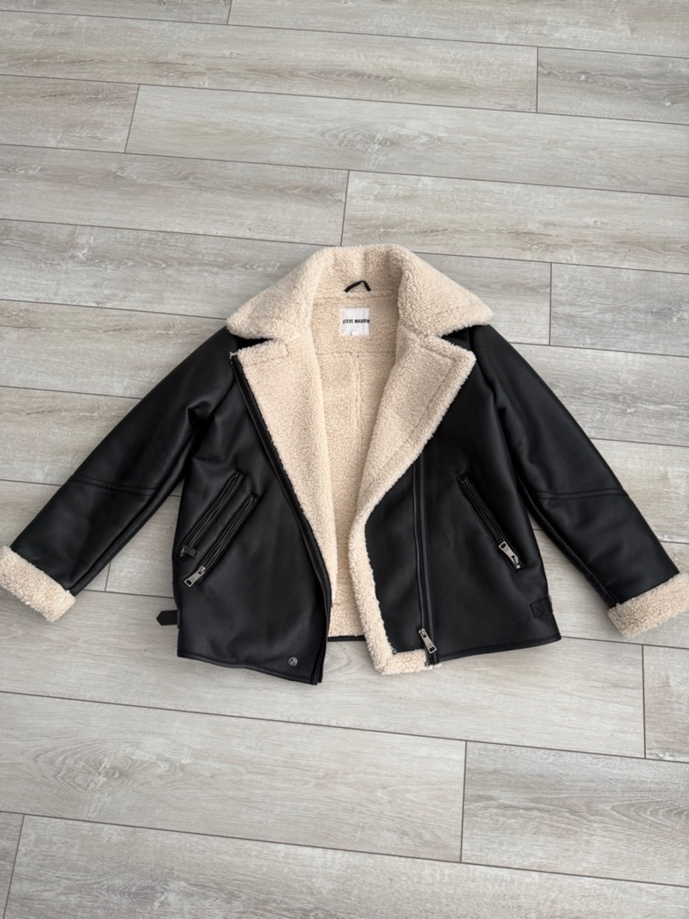 Steve Madden Women’s Black Faux Leather Shearling Jacket with Cream Lining